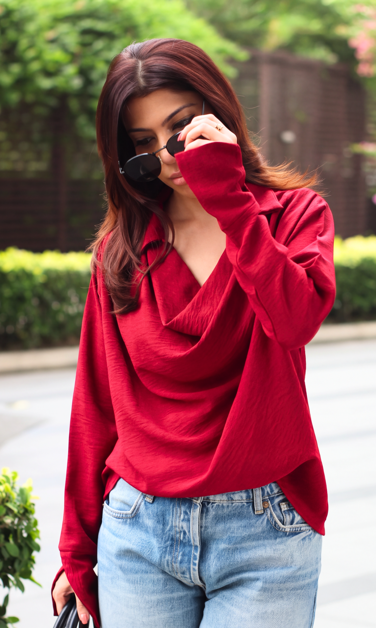 Crimson Collared Cowl Neck Top