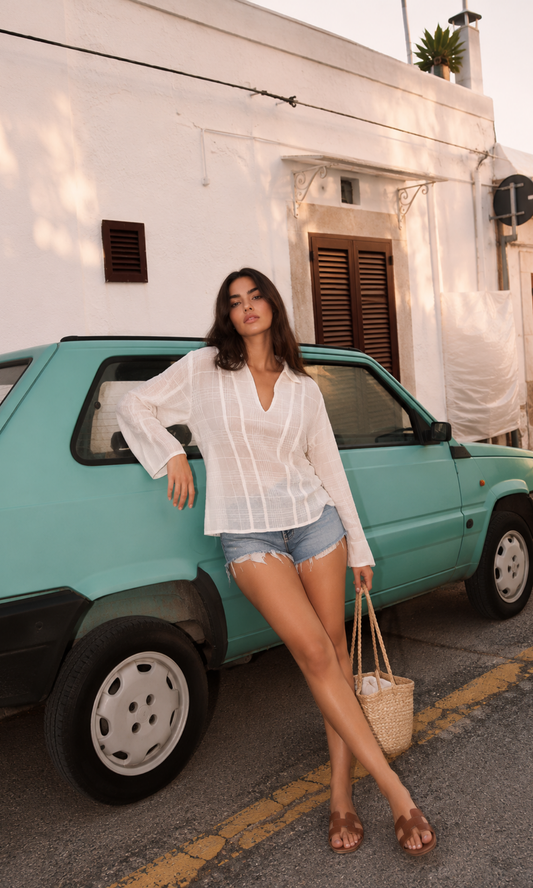 Cream Dobby V-Neck Blouse