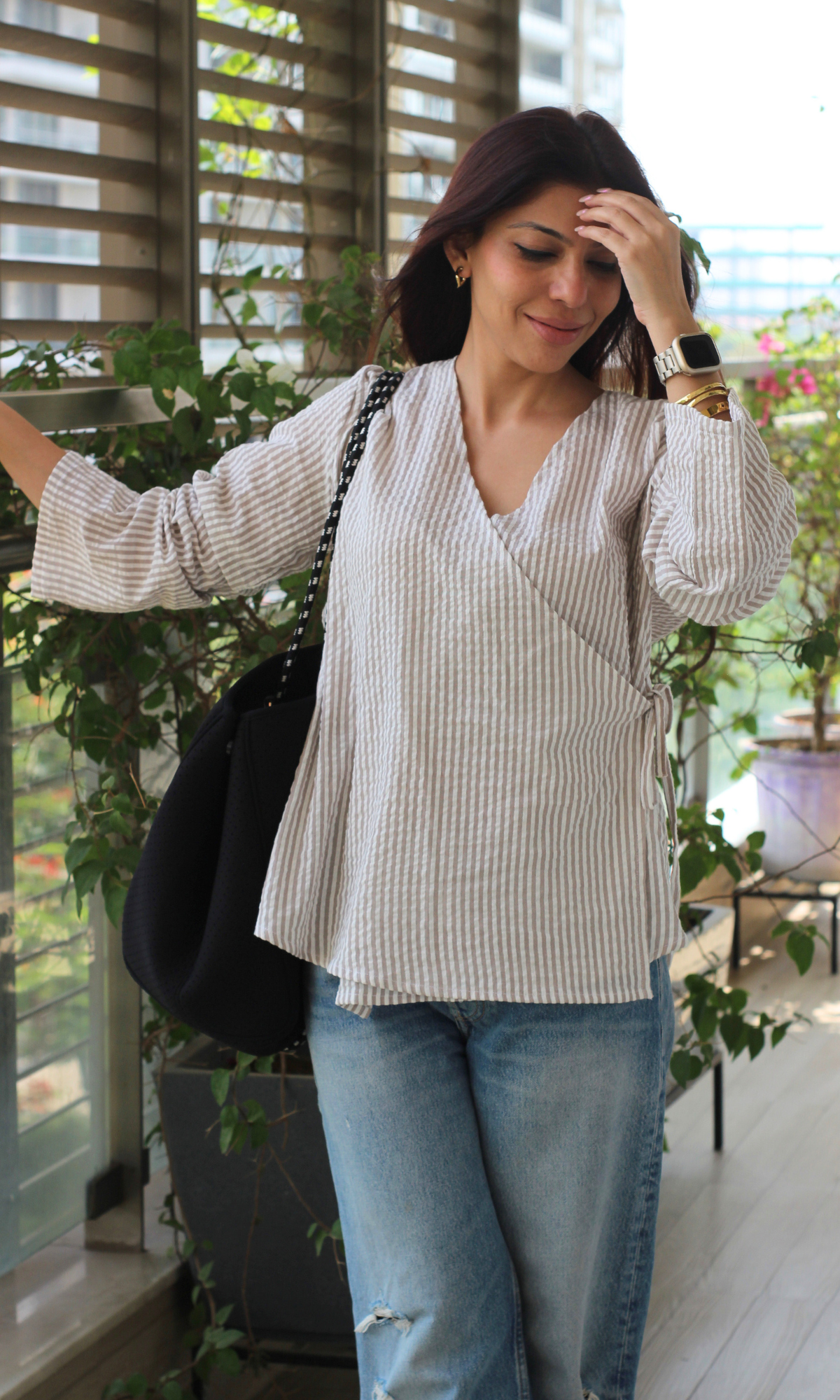 Beige Stripe Tie Detail Cotton Kimono Top