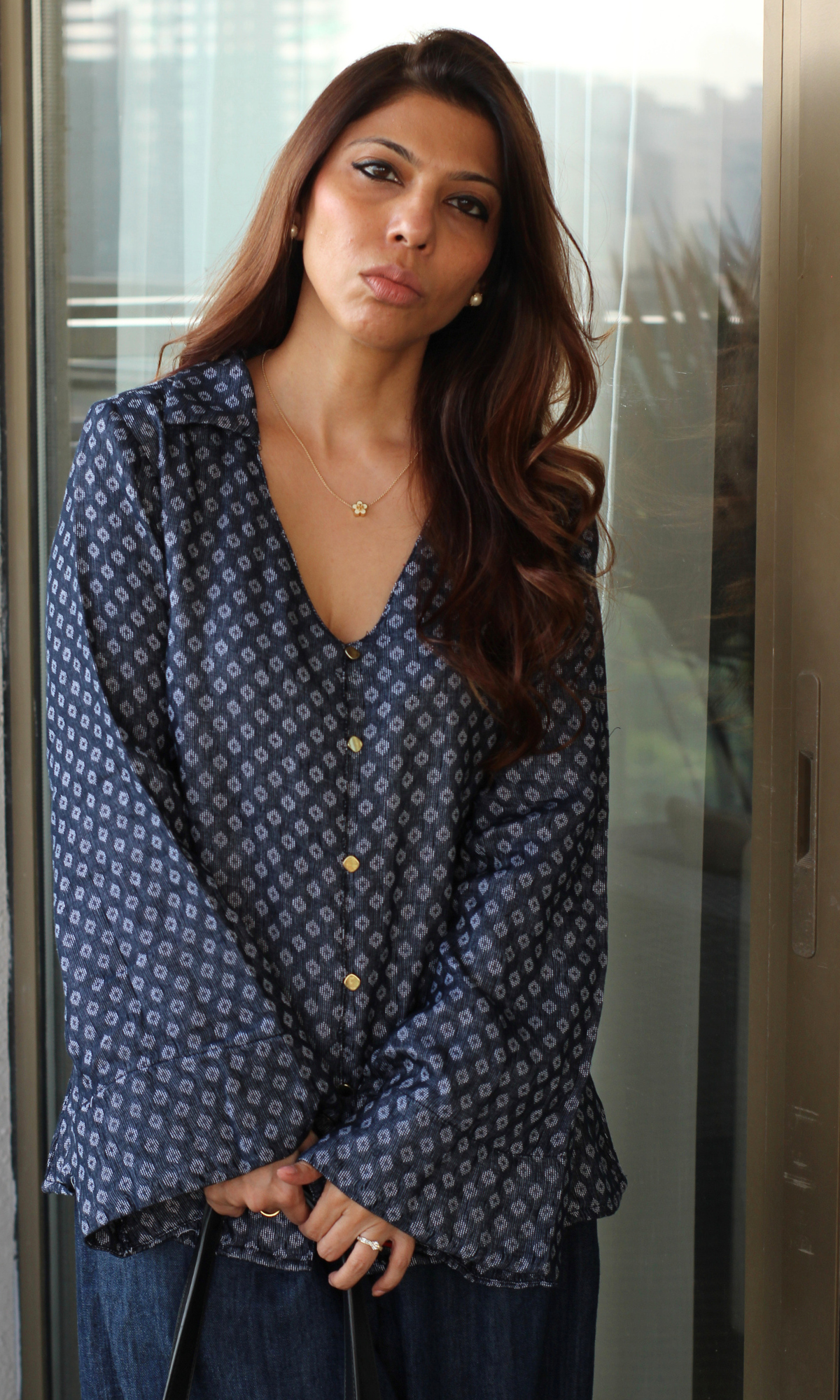 Persian Blue Dobby Flared Sleeve Shirt