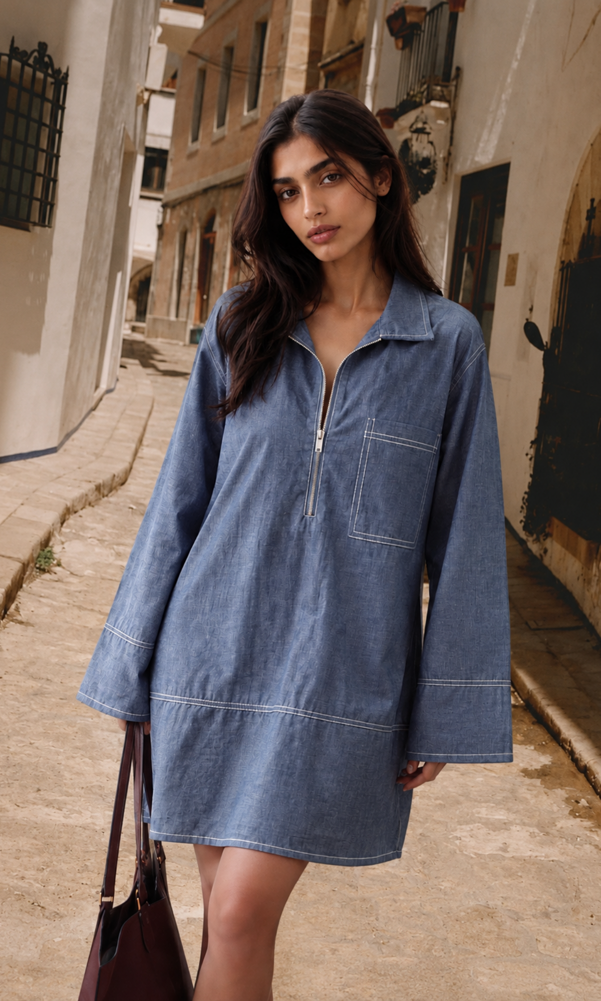 Cornflower Blue Contrast-Stitch Zip Tunic Dress