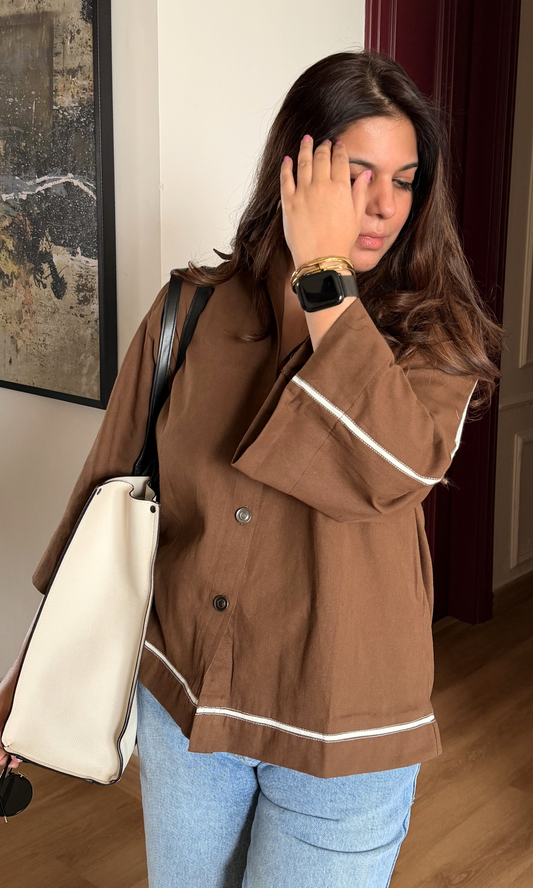 Brown-White Piping Detailed Shirt