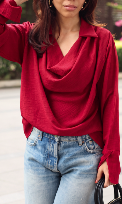 Crimson Collared Cowl Neck Top