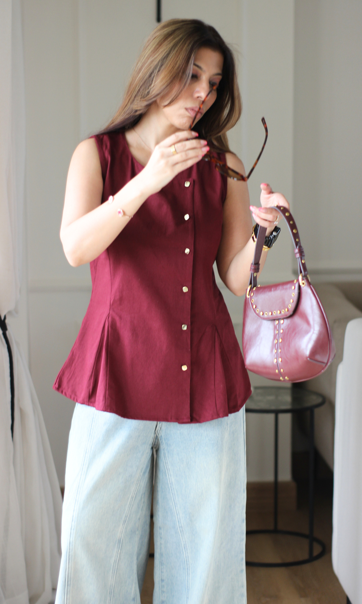Wine Asymmetric Denim Vest