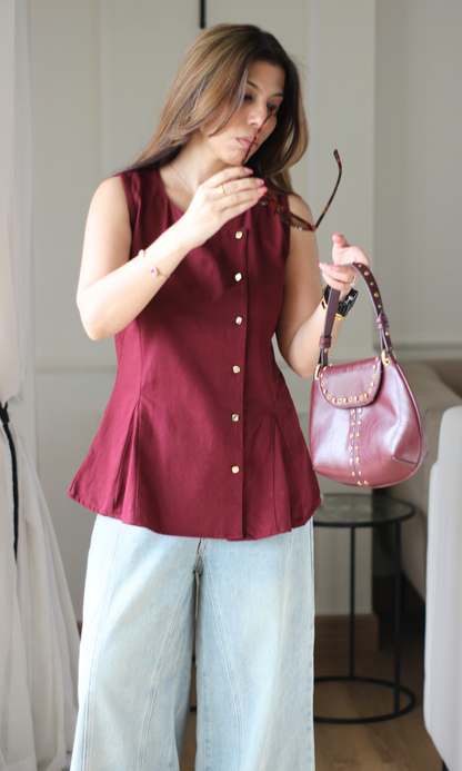 Wine Asymmetric Denim Vest