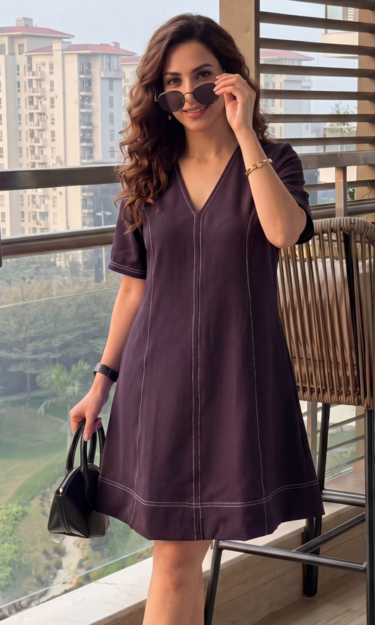 Deep Plum Contrast Stitch Dress
