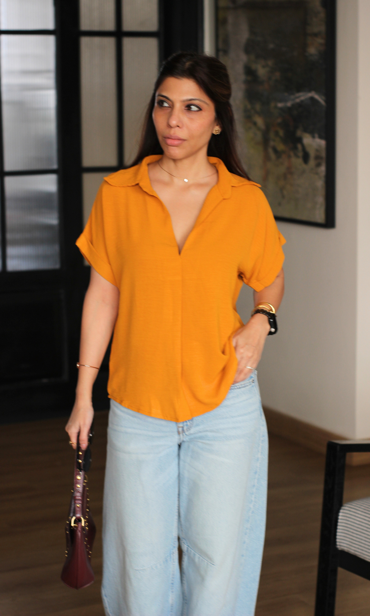 Burnt Caramel Gathered V-Neck Top