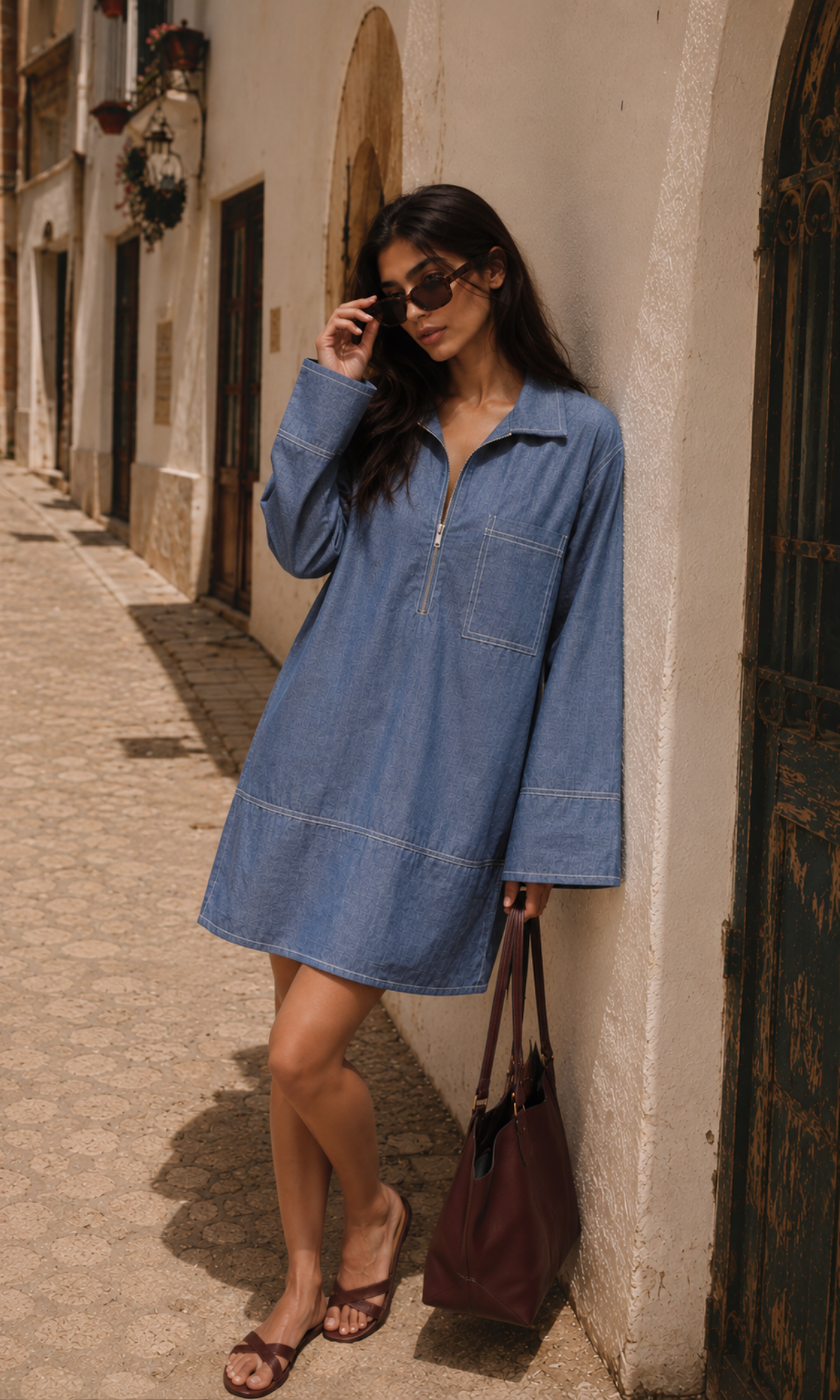Cornflower Blue Contrast-Stitch Zip Tunic Dress