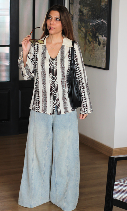 Ivory Geometric Jacquard Flared Sleeve Shirt