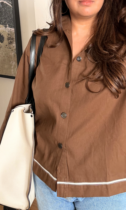 Brown-White Piping Detailed Shirt
