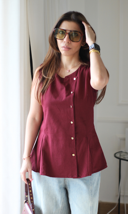 Wine Asymmetric Denim Vest