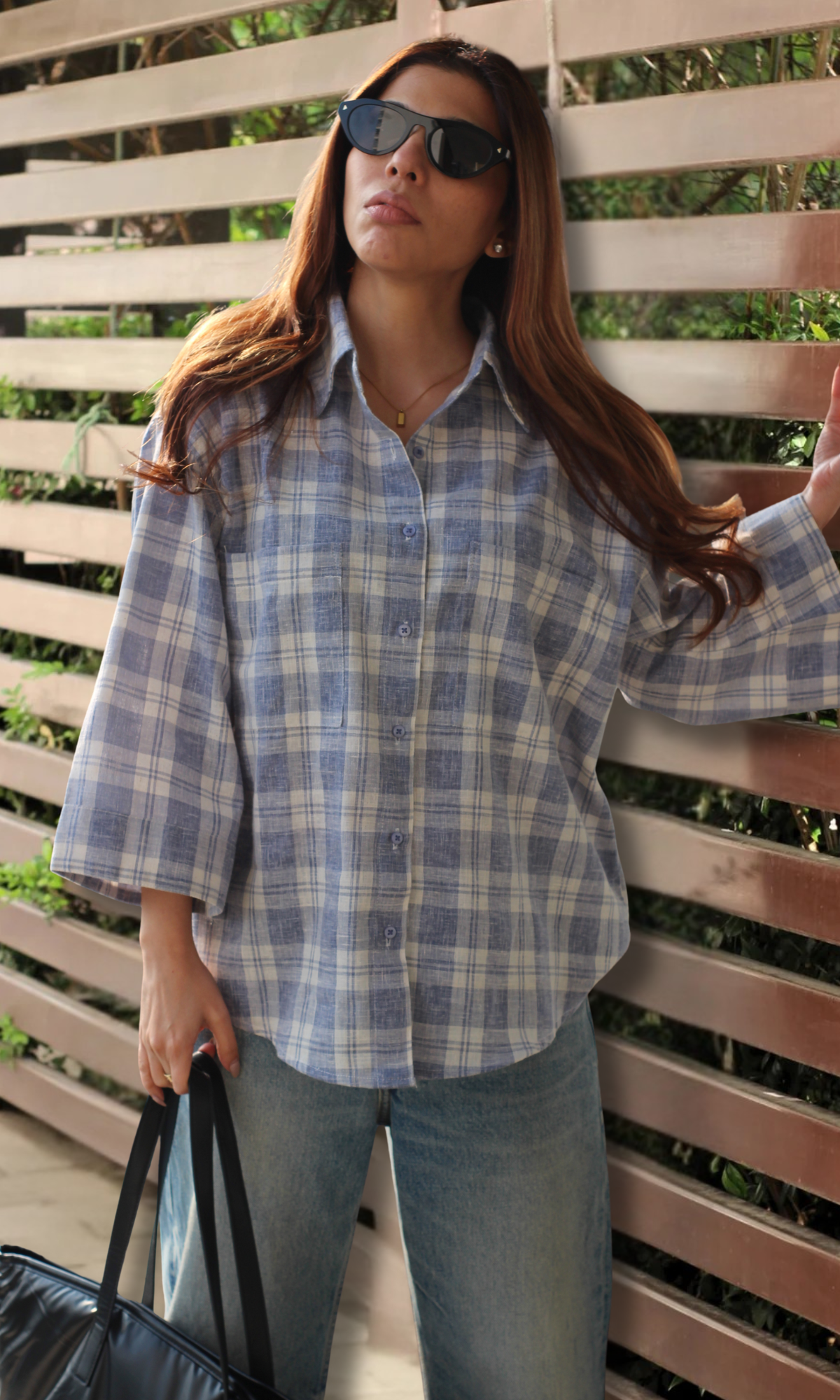 Blue Checked Flared Sleeve Shirt