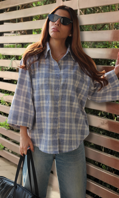 Blue Checked Flared Sleeve Shirt
