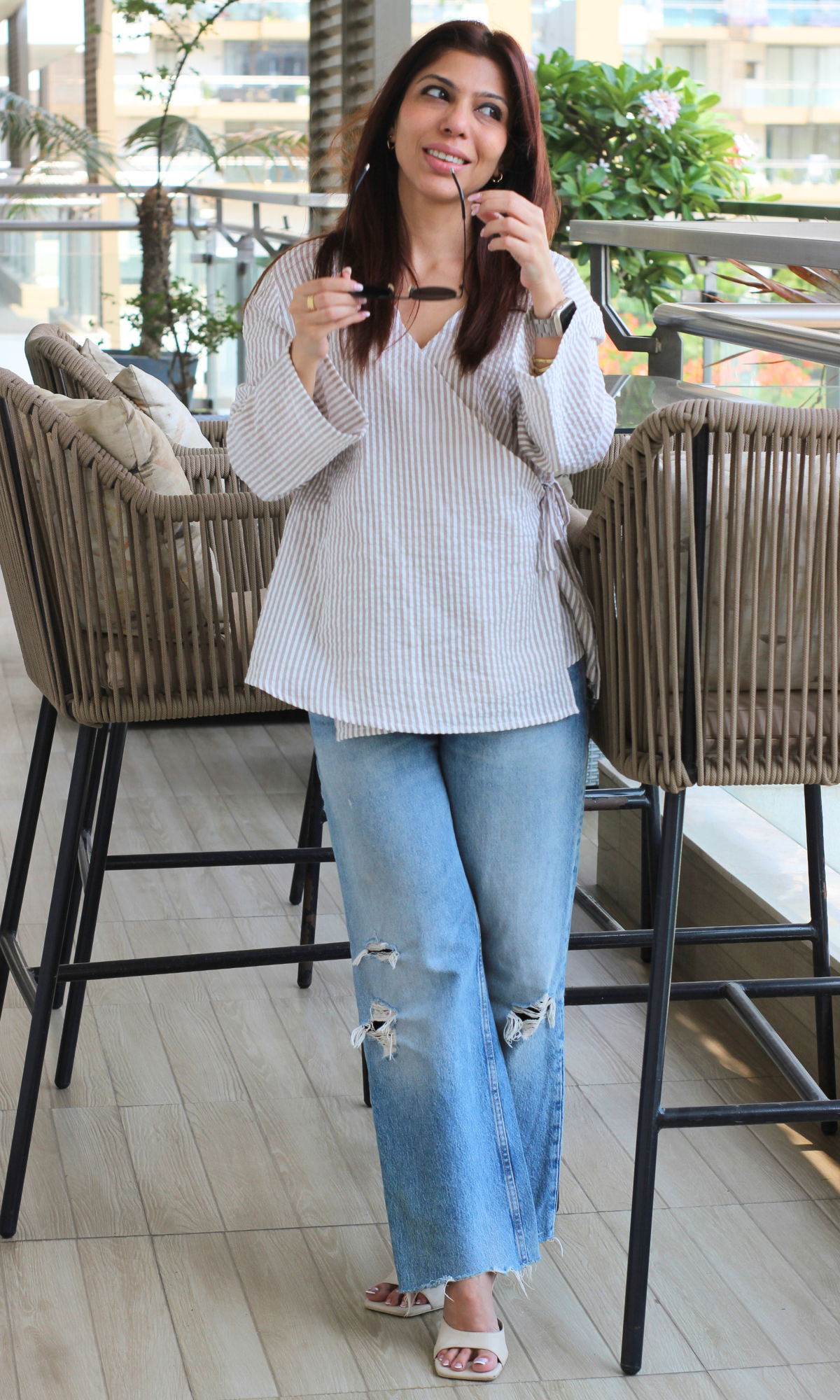 Beige Stripe Tie Detail Cotton Kimono Top