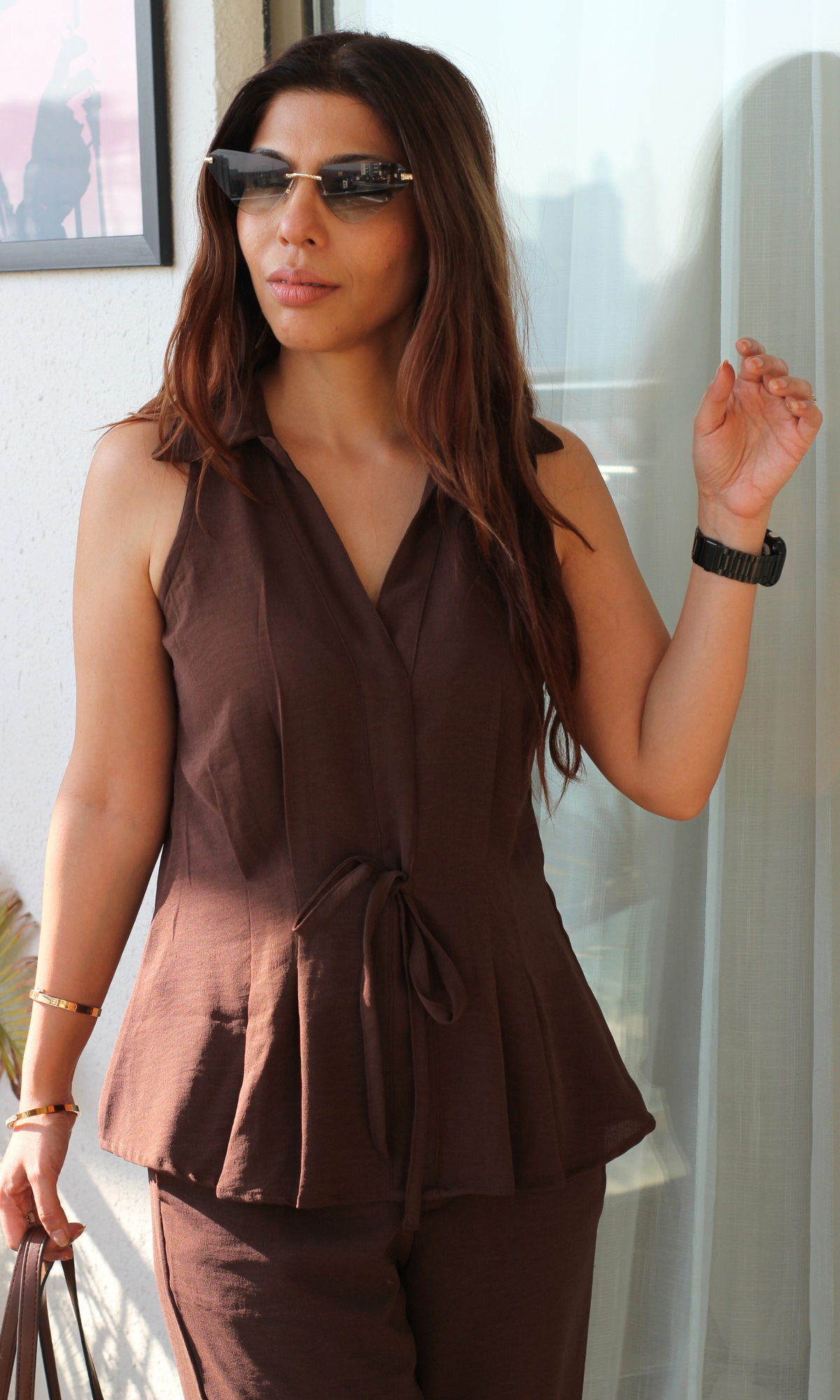 Mocha String Detail Top and Flared Pants Co-ord