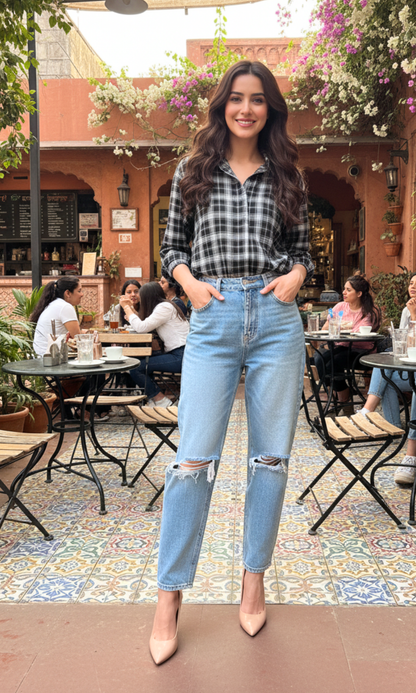 Women’s noir block-plaid checked shirt in black and grey tones, full sleeves, classic collar and button-down front — a bold graphic pattern for casual layering.