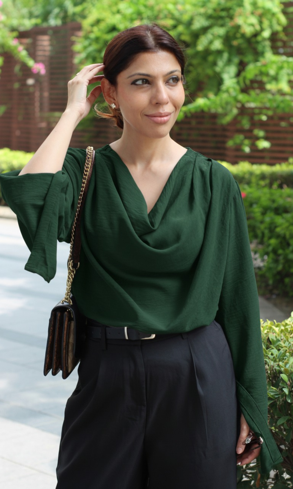 Bottle Green Slit Sleeves Cowl Neck Top