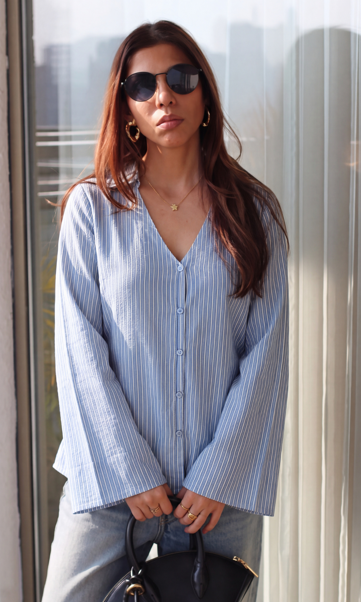 Blue Stripe Flared Sleeve Shirt
