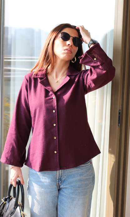 Wine Metallic Button Flared Sleeve Shirt