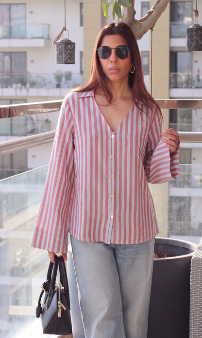 Rust Blue Stripe Bell-Sleeve Shirt