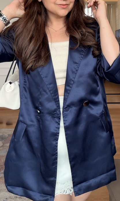 Navy Satin Double-Breasted Blazer