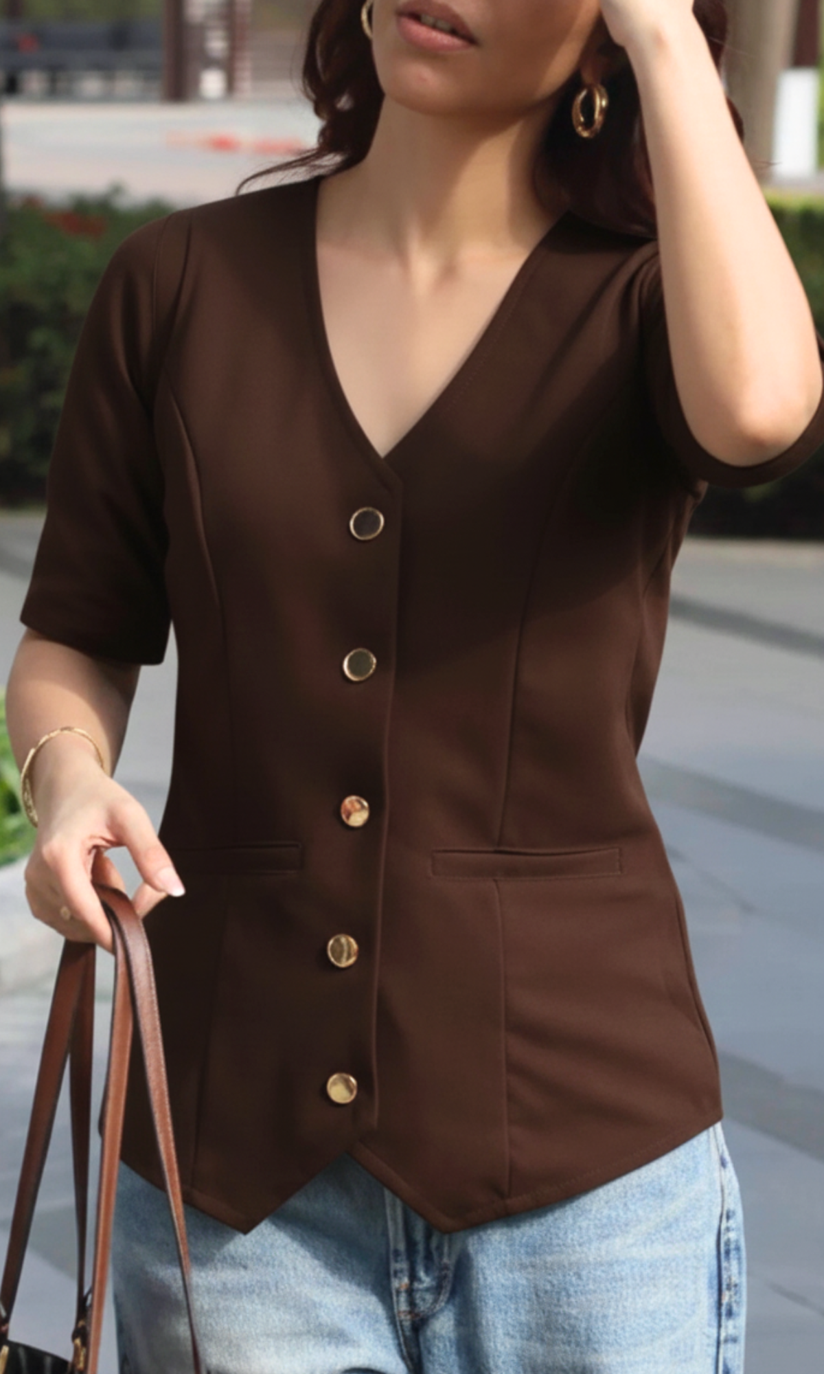 Cocoa Roast Sleeved Metallic Buttoned Waist Coat