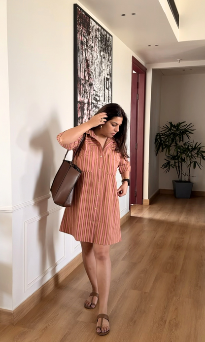 Blush Taupe Striped Shirt Dress