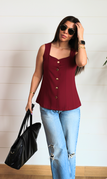 Wine Metallic Buttoned Flared Top
