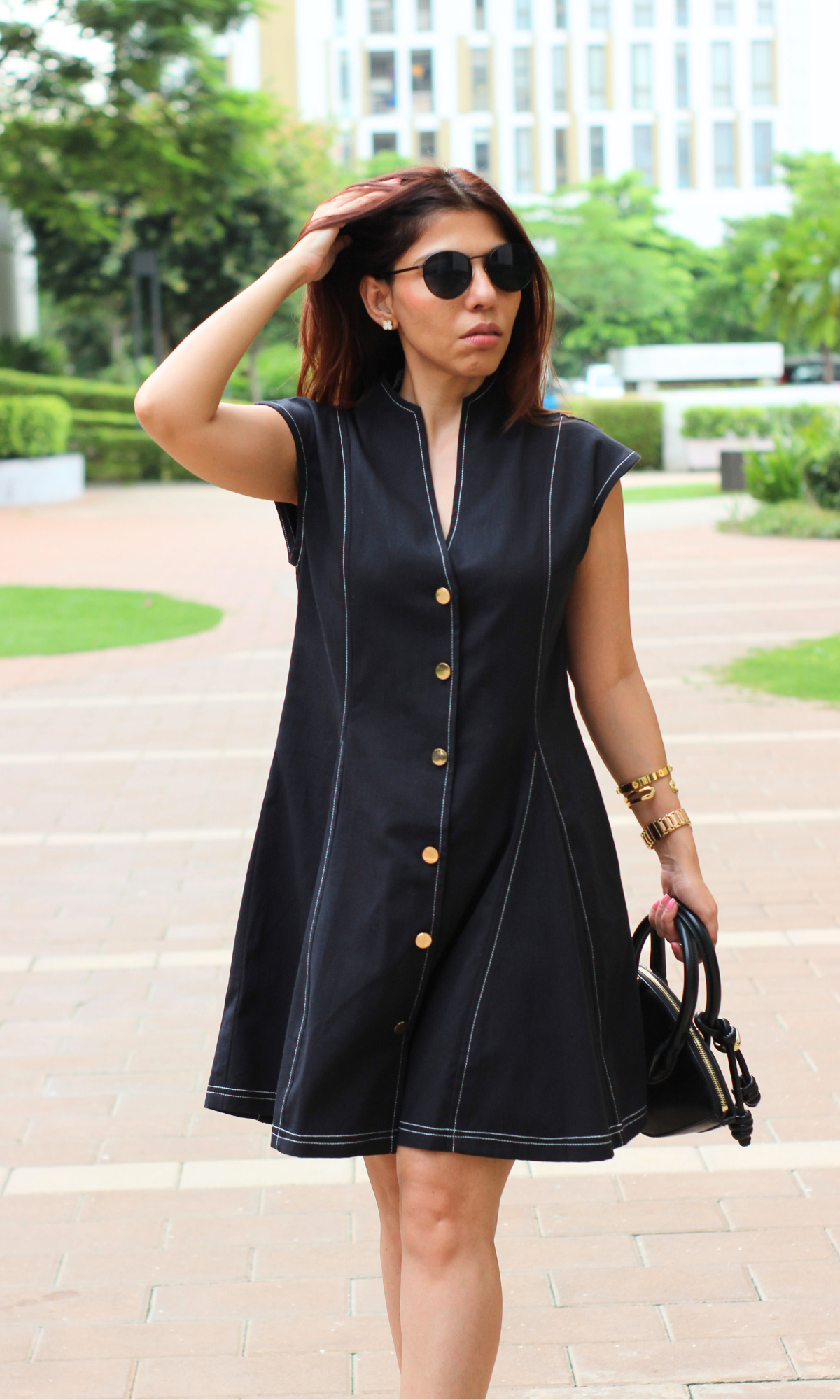 Black Thread Detail Metallic Buttoned Dress