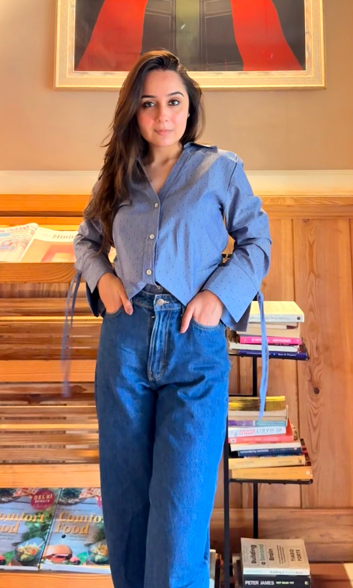 Blue Dobby String Detail Cotton Shirt