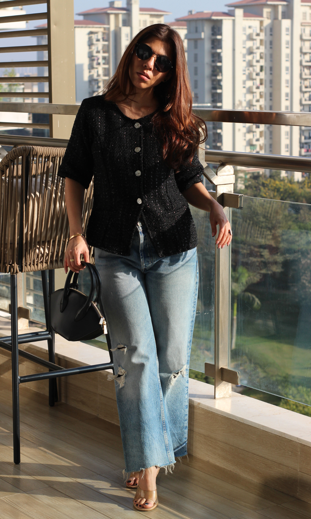 Black-Silver Tweed Round Neck Waist Coat