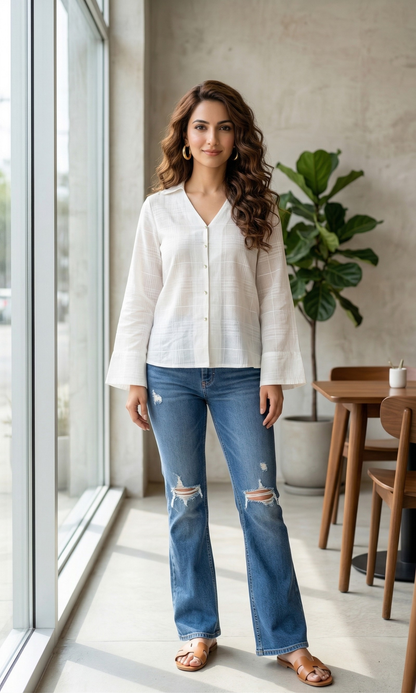 Ivory Textured Flared Sleeve Shirt
