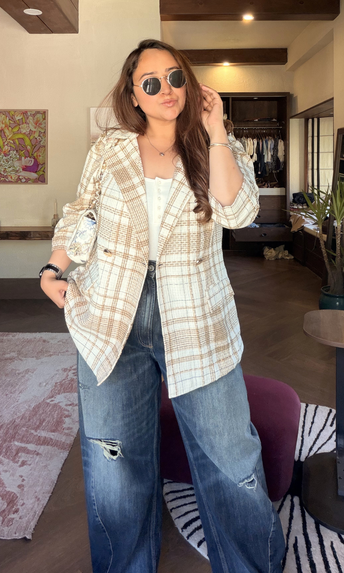 White Beige Checked Cotton Blazer