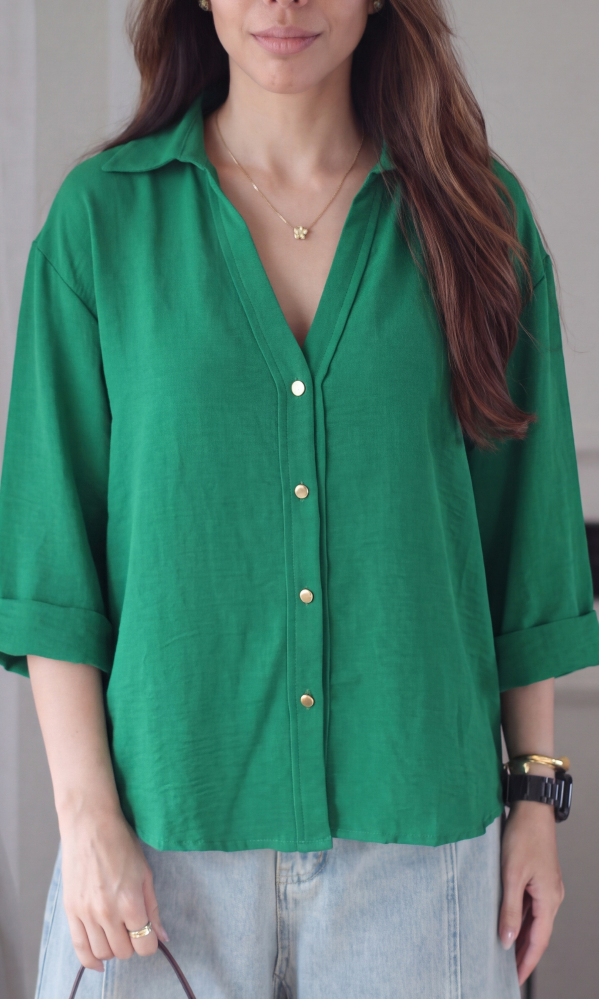 Emerald Green Metallic Button  Boxy Shirt