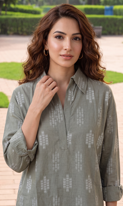 Sage Ikat Woven Popover Top
