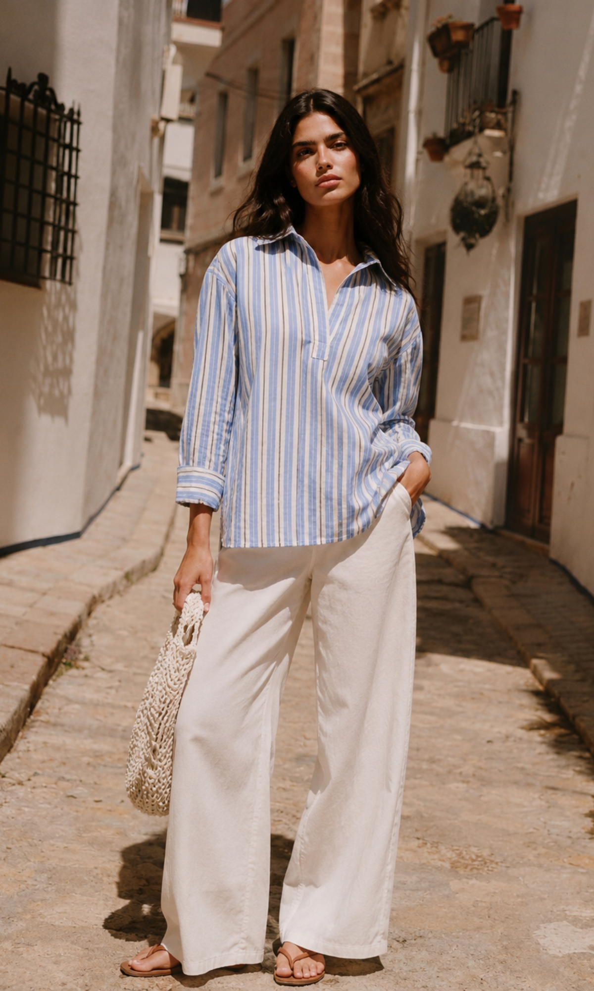 Ivory Blue Stripe Popover Top
