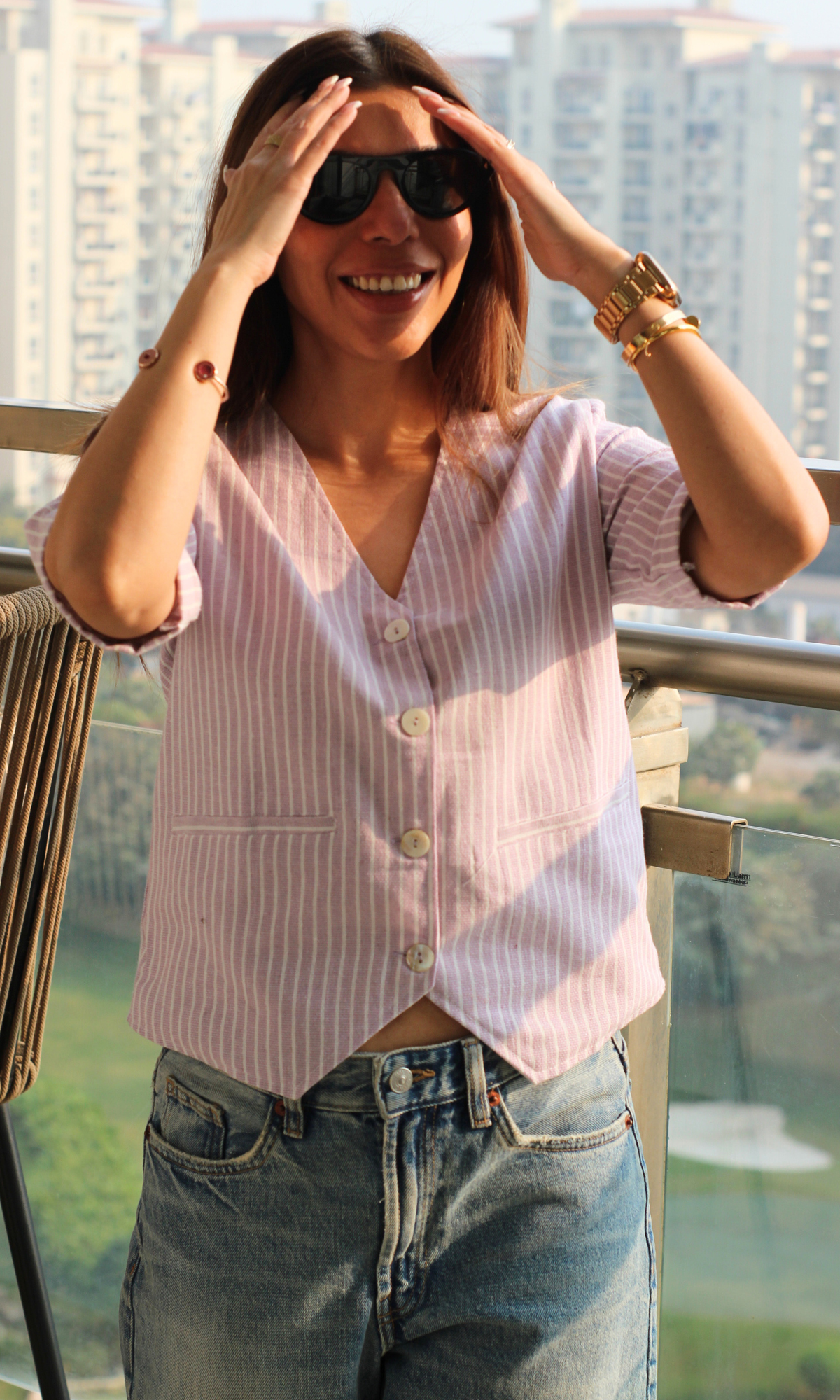 Elegant brown dobby sleeved waistcoat for women — classic workwear look