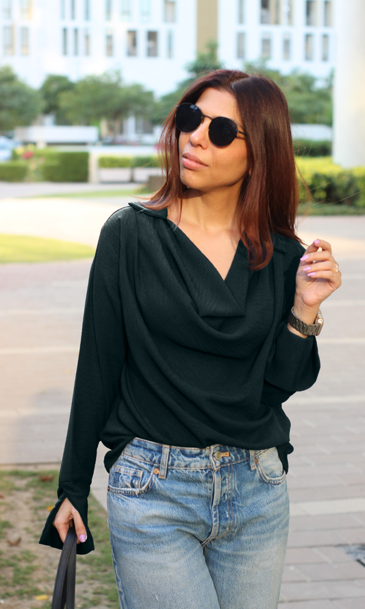 Deep Sea Green Collared Cowl Neck Top