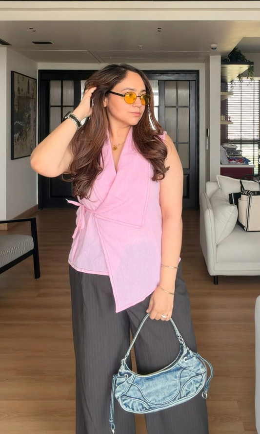 Pink Cotton Contrast Shawl-Collar Top