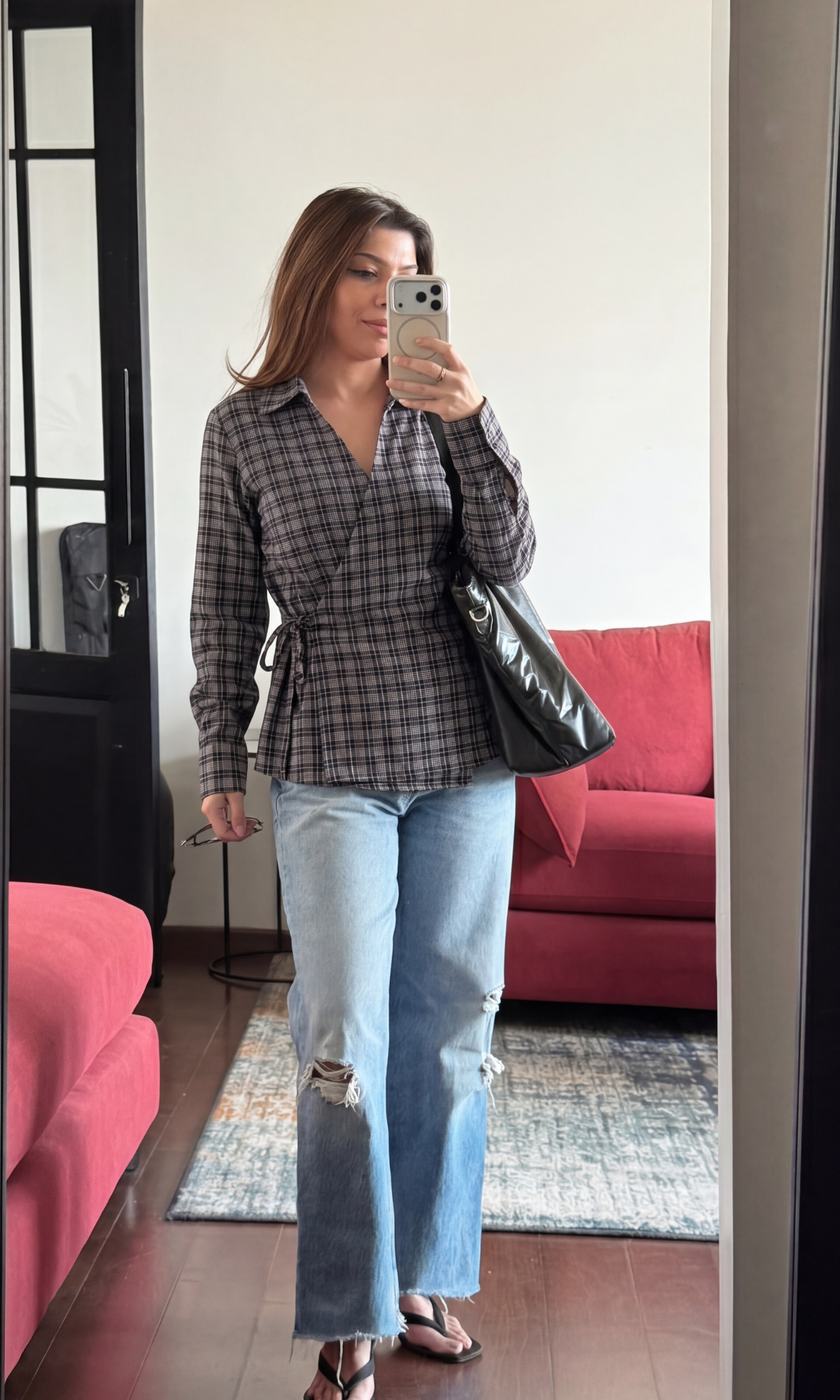 Graphite-Pink Plaid Kimono Top