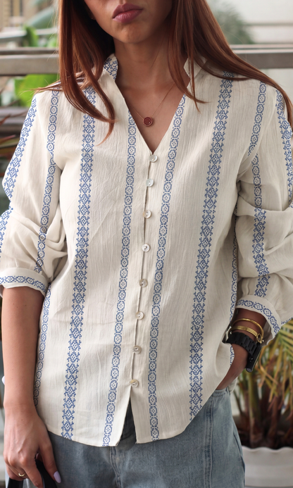Ivory Blue Weaved Buttoned Top
