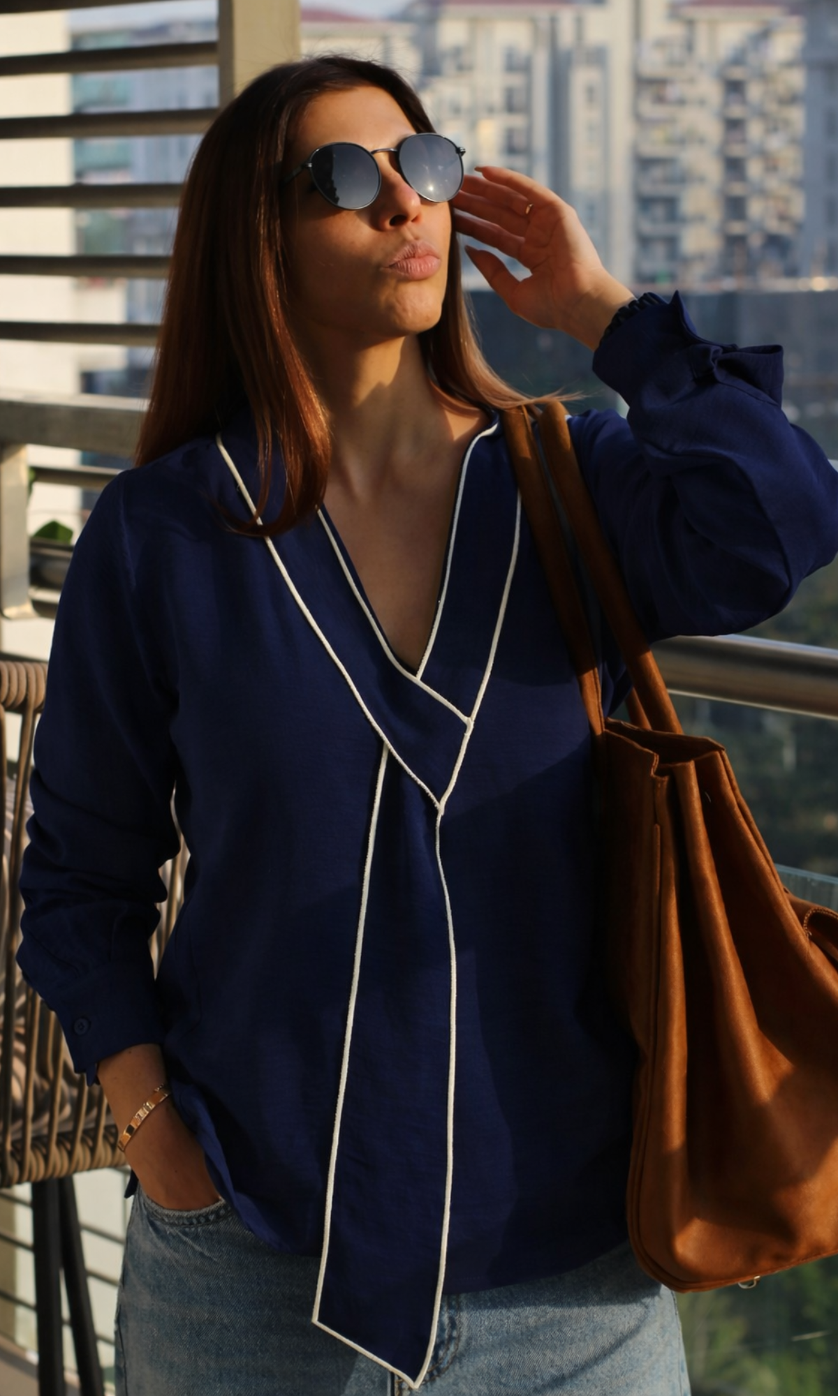 Navy Blue-Beige Knot Detail Top