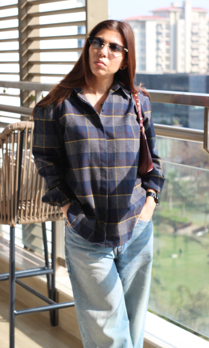 Navy Yellow-Stripe Checked Shirt