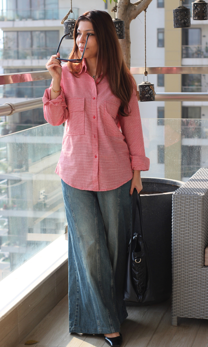 Red Cotton Micro-Check Flap Pockets Shirt