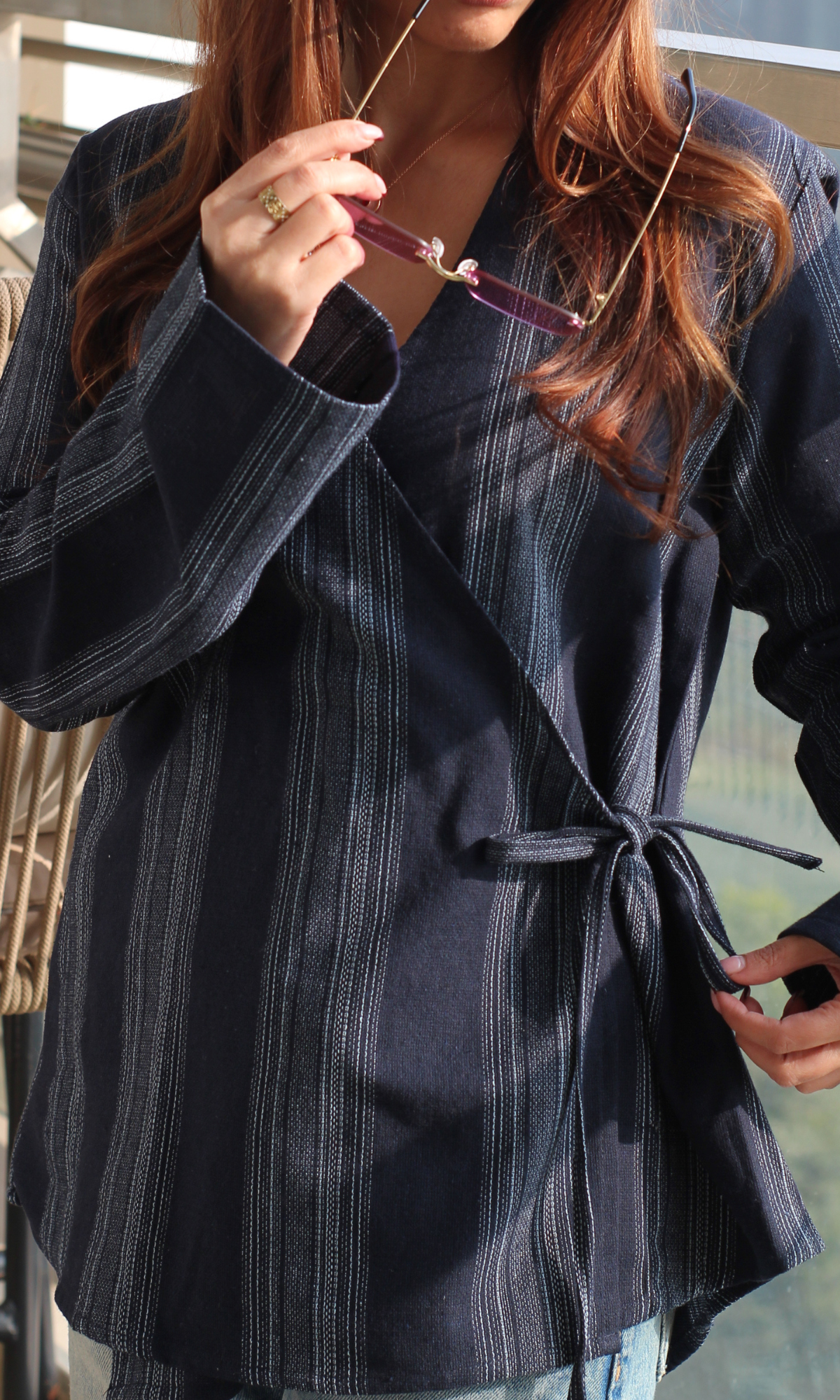 Deep Blue Linear Cotton Kimono Top