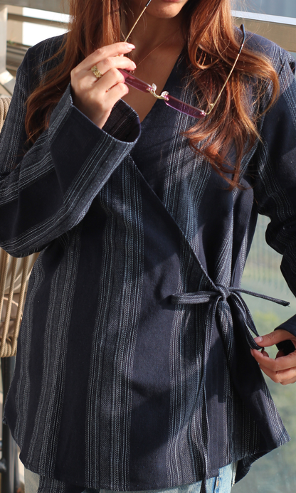 Deep Blue Linear Cotton Kimono Top
