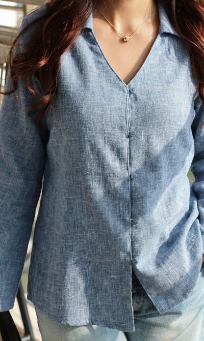 Denim Blue Textured Flared Sleeve Shirt