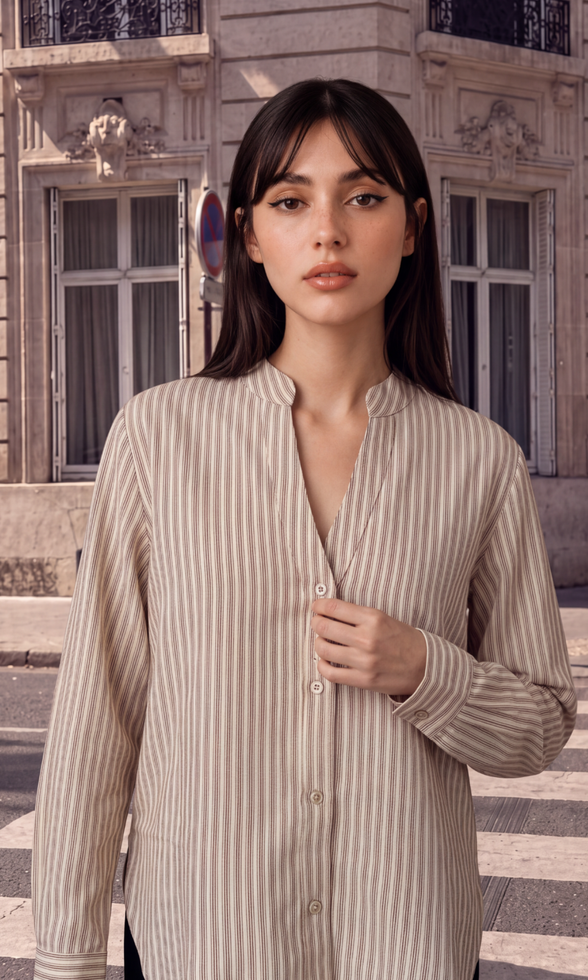 Olive Stripe Mandarin-Collar Shirt