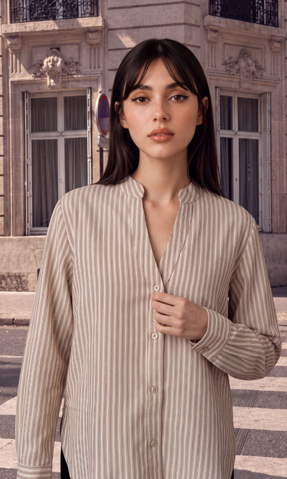 Olive Stripe Mandarin-Collar Shirt