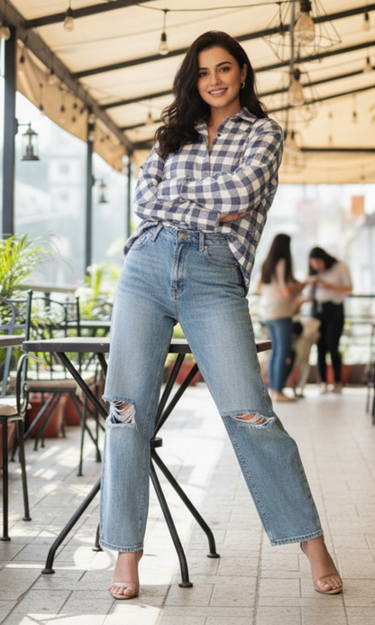 Indigo block plaid checked shirt for women with classic button-down design